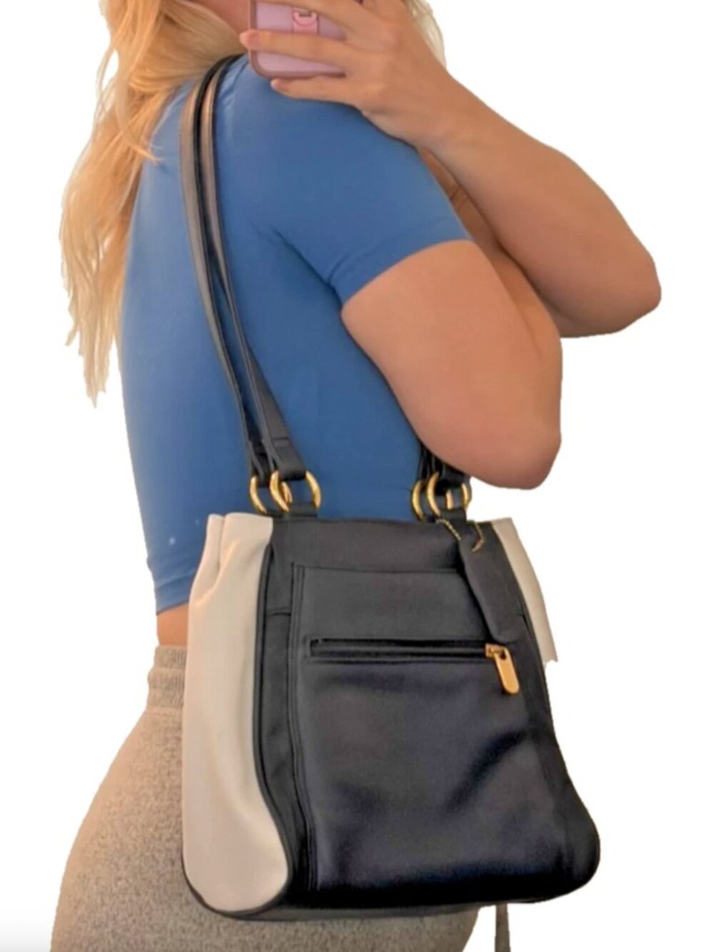 y2k Worthington Genuine Leather Navy Blue White Shoulder Bag Purse Colorblock